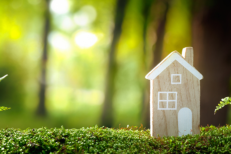 Small wooden toy house sitting amongst a lush, green forest.